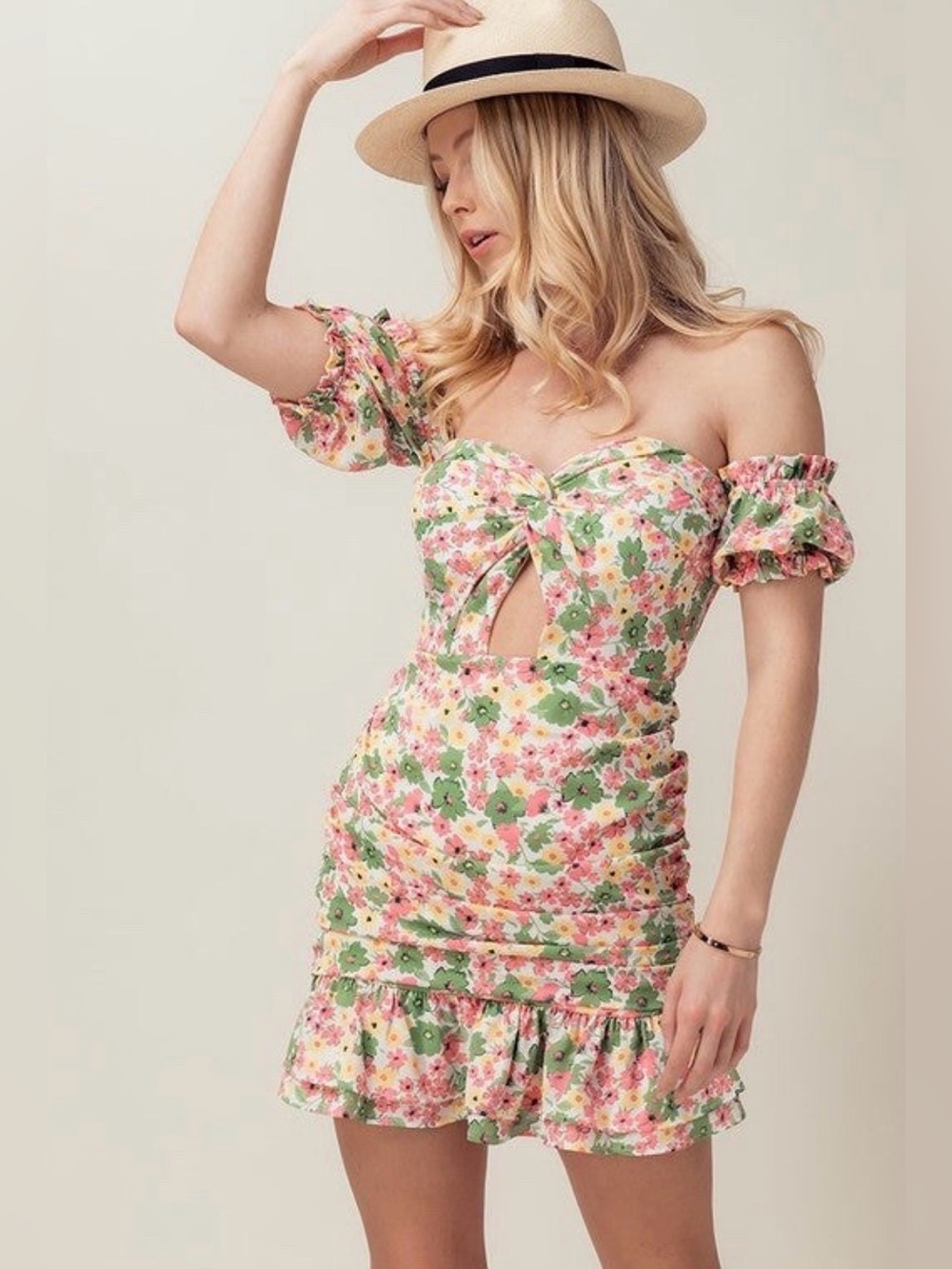 TALULAH Floral Off-Shoulder Twist Keyhole Front Mini Dress in Pink and Green M